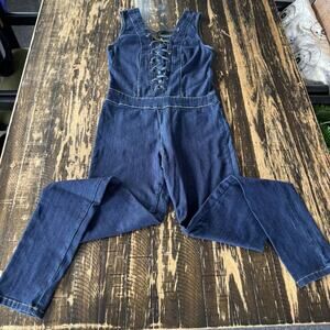 MEBON - Blue Denim Lace-Up Stretch Fitted Jumpsuit - MEDIUM